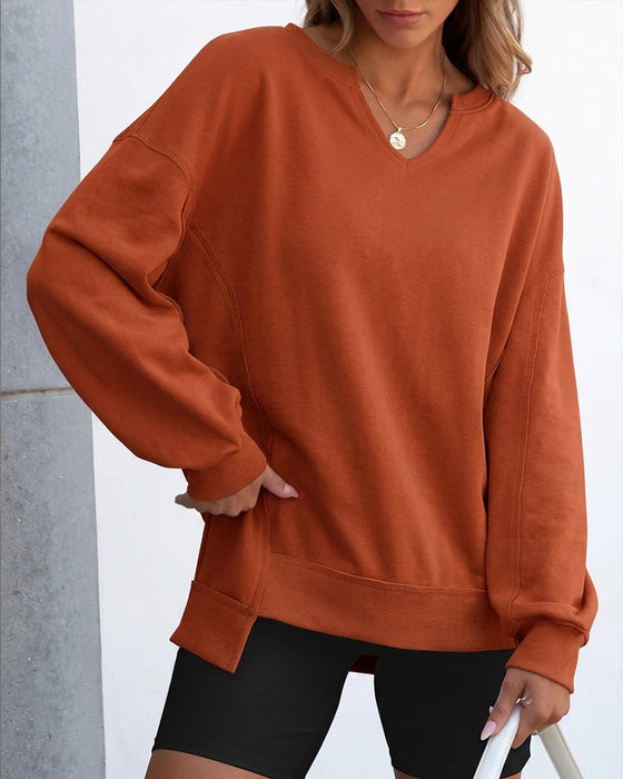 Sweat Petit Col V Ample Décontracté Manches Longue