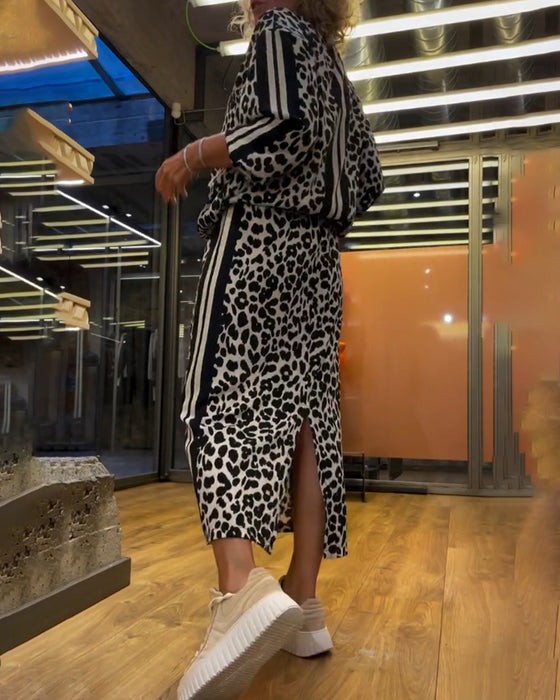 Ensemble deux pièces jupe rayée à imprimé léopard