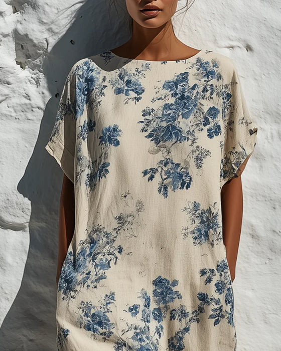 Robe Col Rond Vintage Bleu Floral