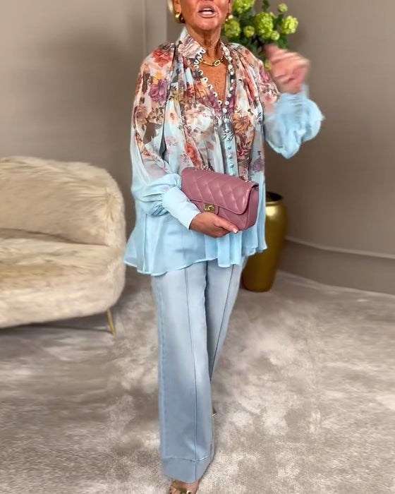 Chemise Manche Lanterne Col Montant Imprimé