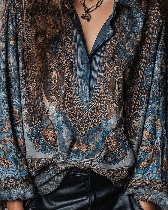 Blouse Retro Imprimé V-Cou Revers Sophistiqué
