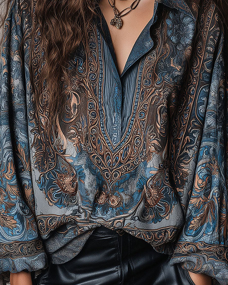 Blouse Retro Imprimé V-Cou Revers Sophistiqué
