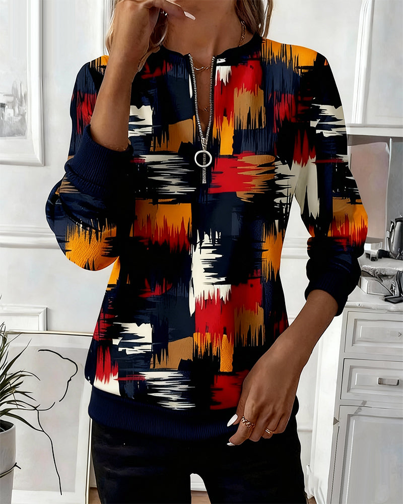 Sweat-shirt décontracté à fermeture éclair et imprimé tendance