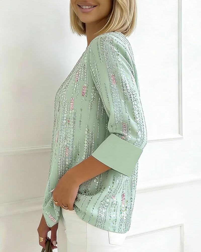 Blouse Décontractée Col Rond Imprimé Demi-Manche