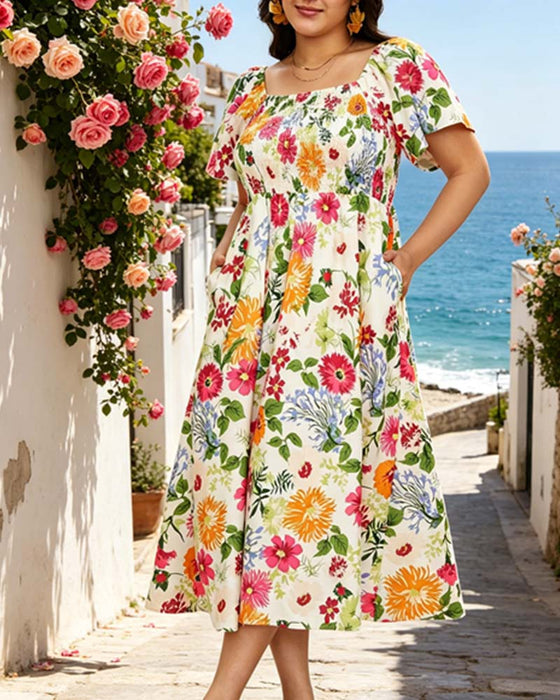Robe Col Carré Floral Smocké Taille
