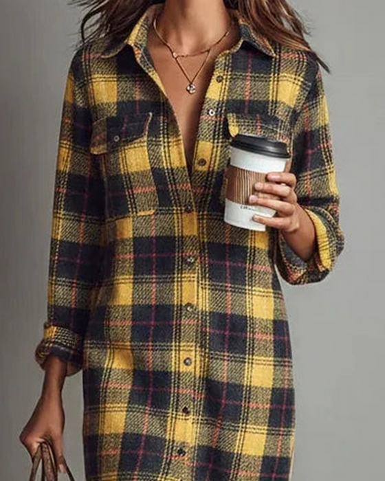 Robe Col Chemise Carreau Manche Longue