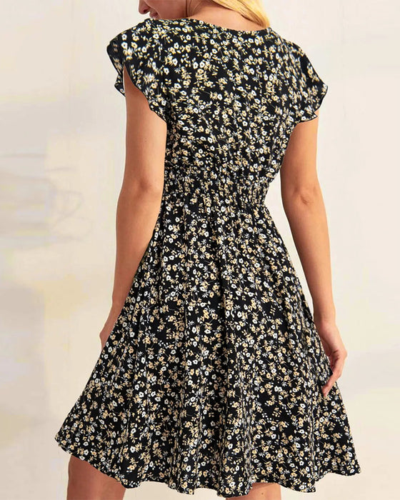 Robe Col Rond Élastique Fronçage Fleuri