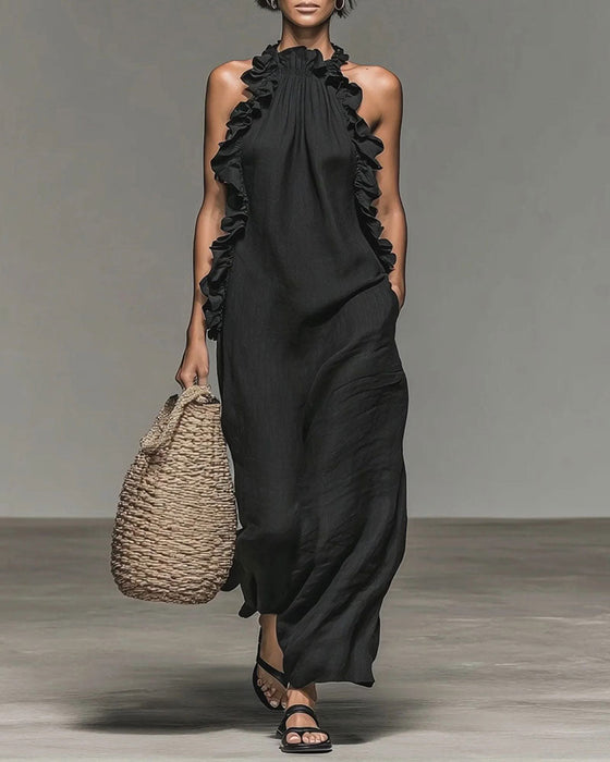 Robe Col Nuque Volantée Longue