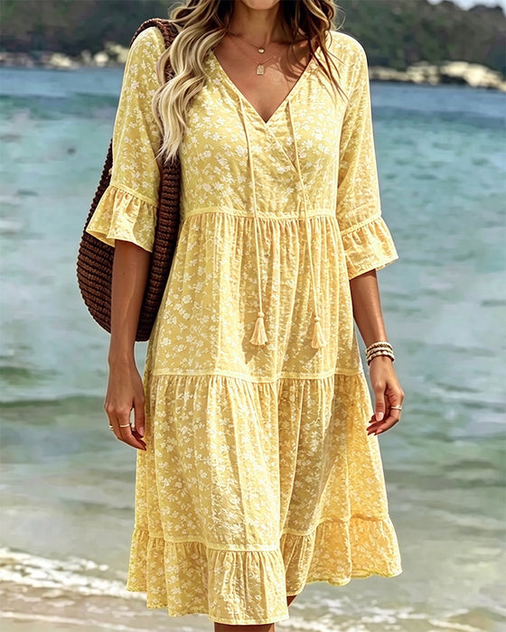 Robe Attacher Col En V Volant Fleuri Ligne A