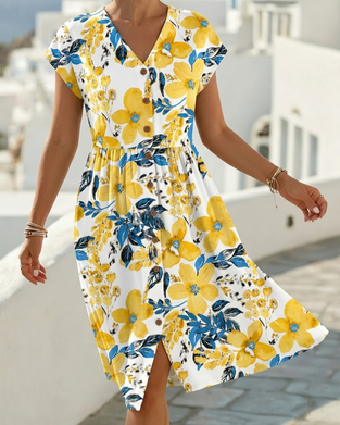 Robe Imprimé Floral Col V Manches Courtes