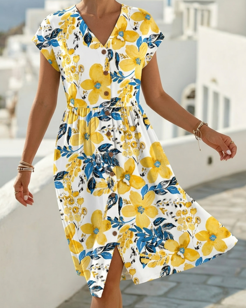 Robe Imprimé Floral Col V Manches Courtes