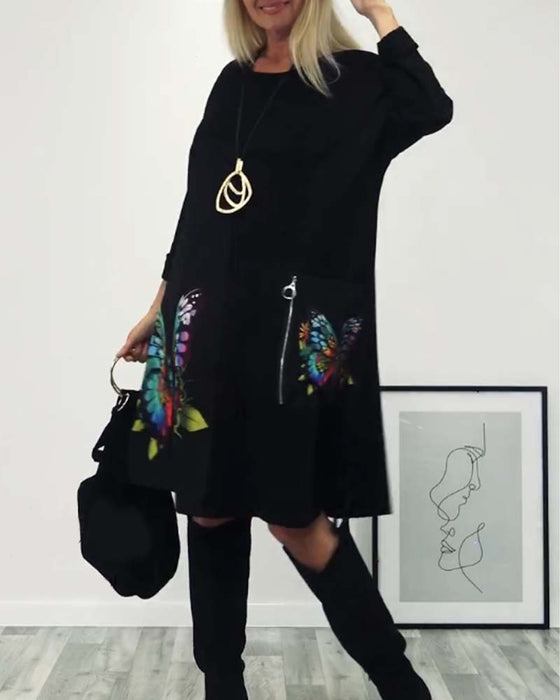 Robe à manches longues avec poche et imprimé papillon