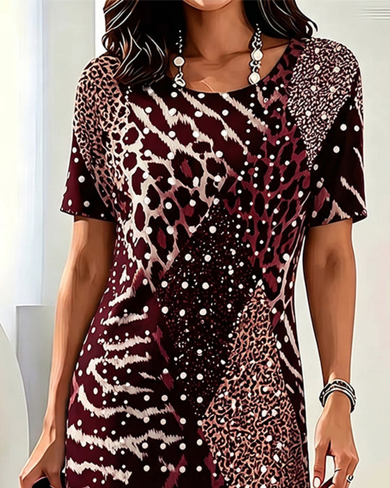 Robe Imprimé Léopard Col-Rond Manche-Courte Patchwork