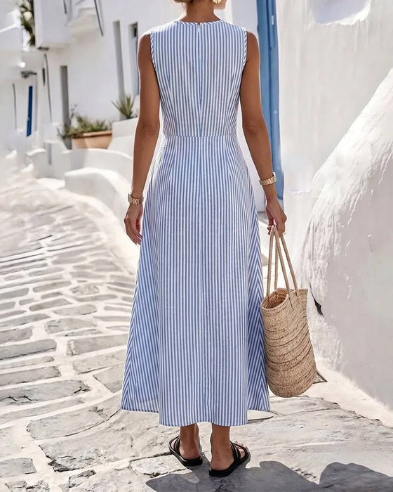 Robe Rayure Twist Taille Sans Manches Maxi