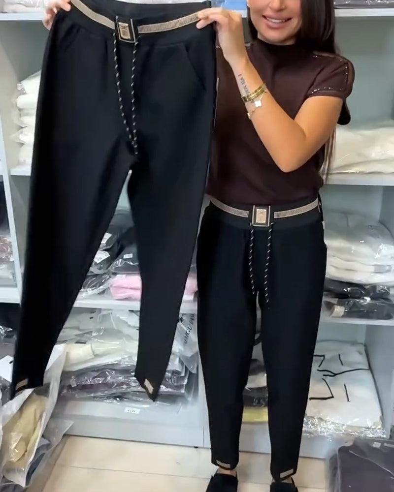Pantalon Élégant À Cordon Et Taille Élastique