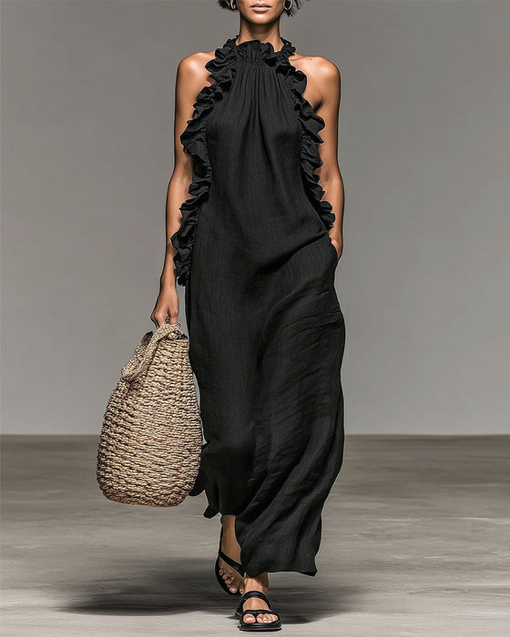 Robe Col Nuque Volantée Longue