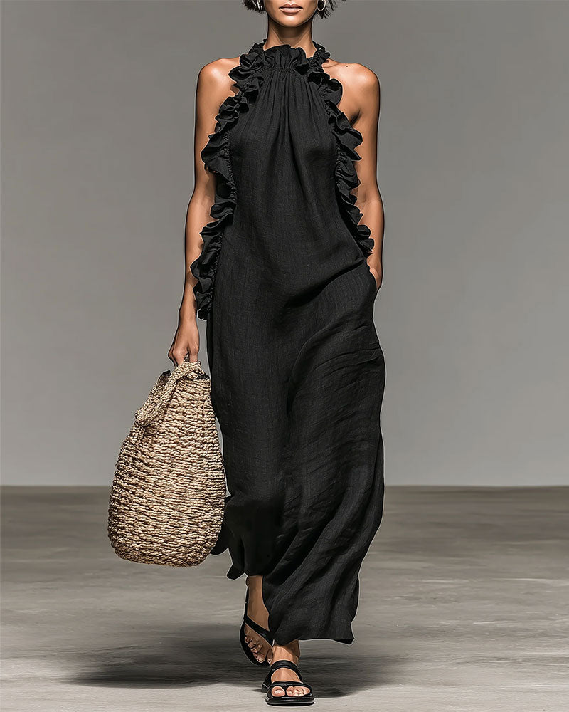 Robe Col Nuque Volantée Longue