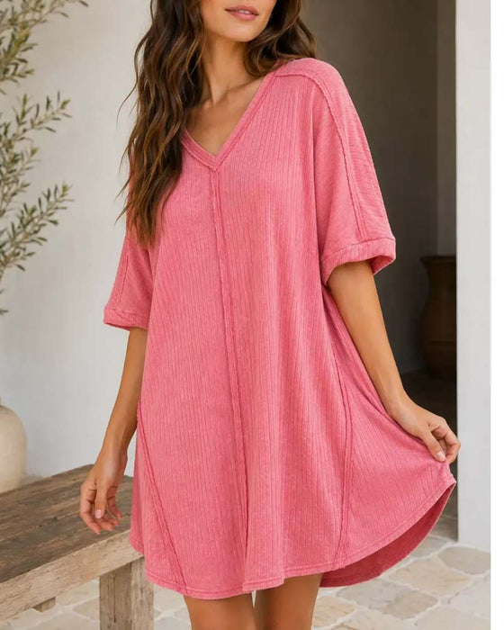 Robe Col V Unie Décontractée