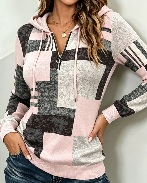 Sweat À Capuche Demi-Zip Décontracté Contraste À Carreaux