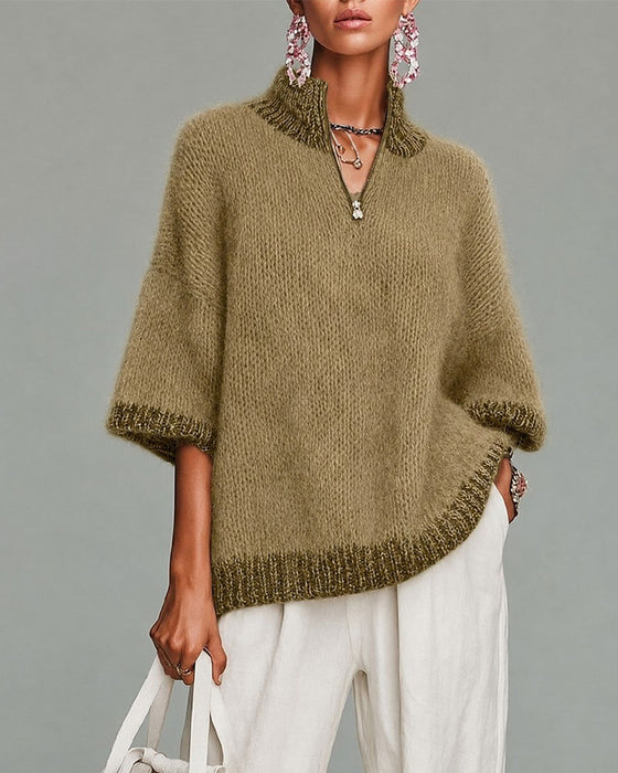 Pull Demi-Zip Contrastant Manches Trois-Quarts