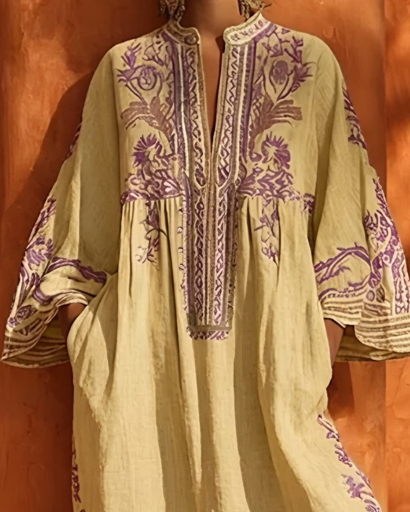 Robe Col En V Imprimé Ethnique Coupe Loose