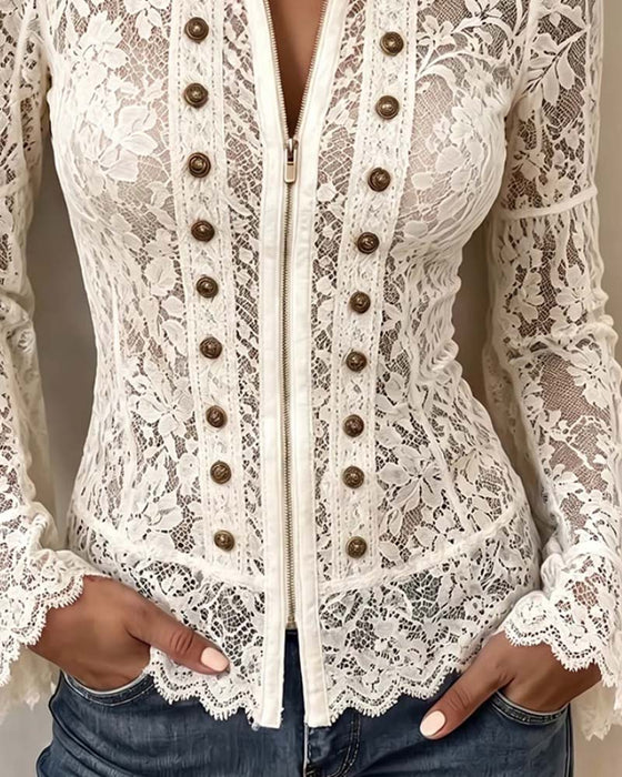 Blouse Col Montant Décontractée Manche Longue