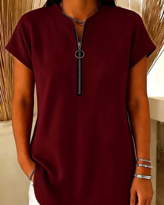 Blouse Unie Manche Courte Fermeture Éclair