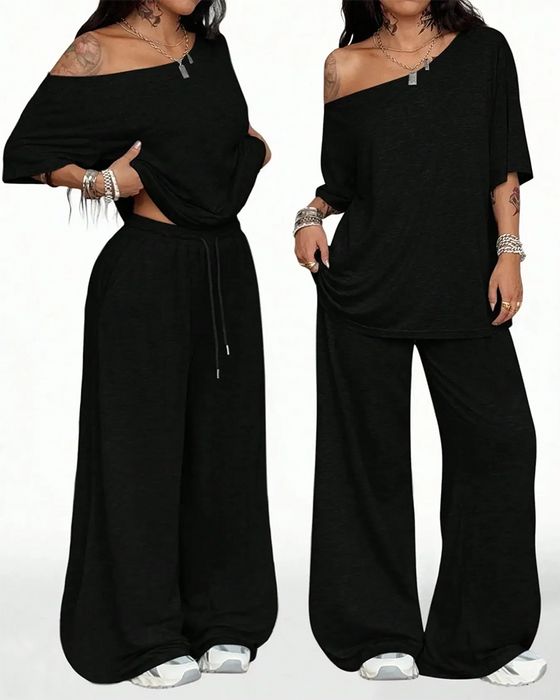 Ensemble Col Oblique Cordon De Serrage À La Taille Large Jambe Pantalon