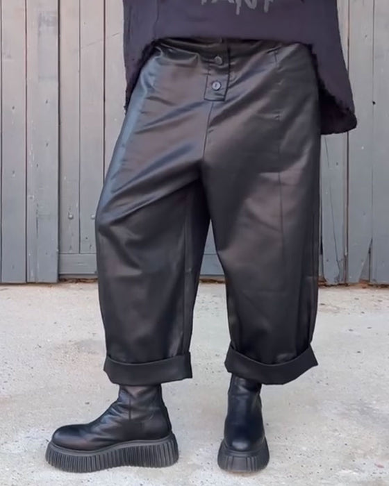 Pantalon Taille Haute Jambe Large Ourlet Roulé