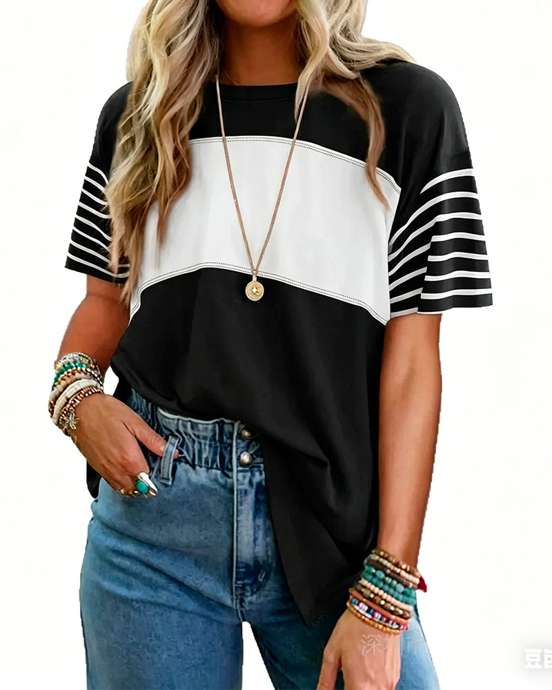 T-Shirt Pull-Over Rayé Bloc De Couleur Manches Courtes