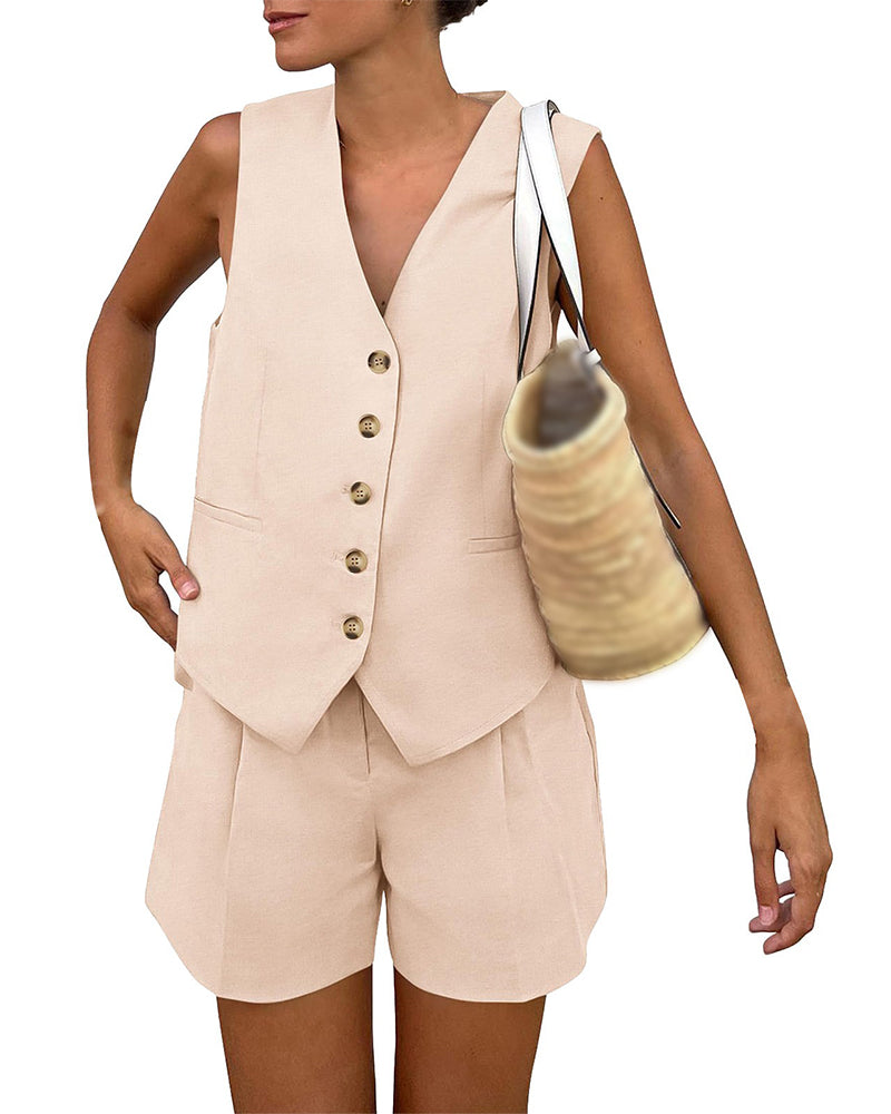 Ensemble Col En V Débardeur Simple Boutonnage Short