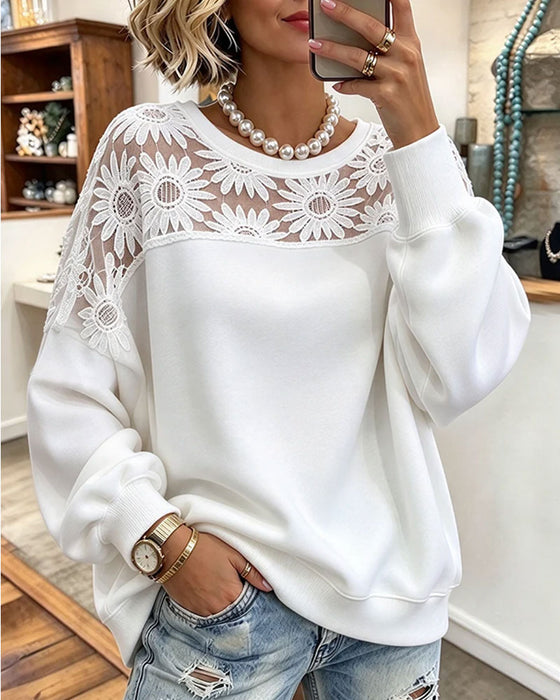 Sweat Col Rond Tournesol Dentelle Patchwork