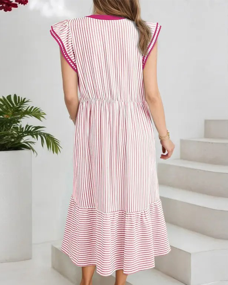 Robe Rayée Double Volant Manches Courtes