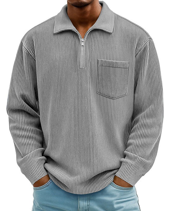 Sweatshirt Côtelé Demi Fermeture Éclair Col Revers Manche Longue