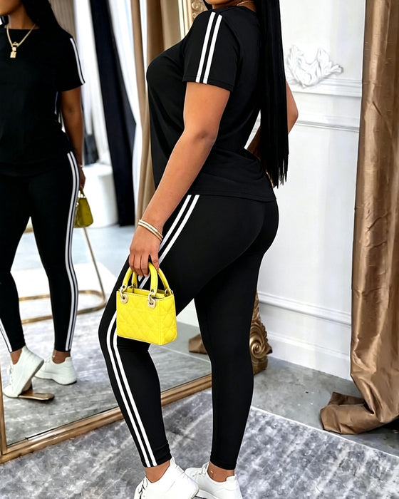 Ensemble Rayé Manches Courtes Pantalon Long Sport