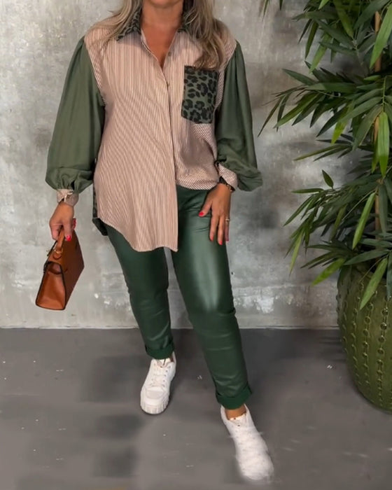 Chemise imprimée léopard à revers et manches lanternes