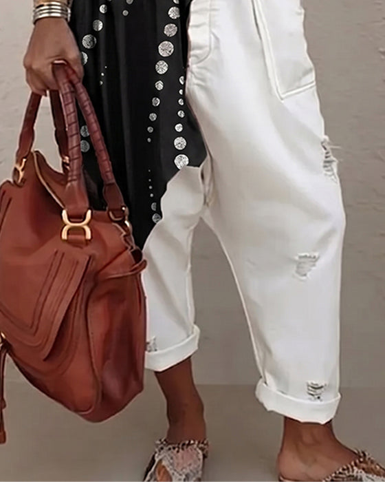Blouse Décontractée À Pois Coupe Irrégulière