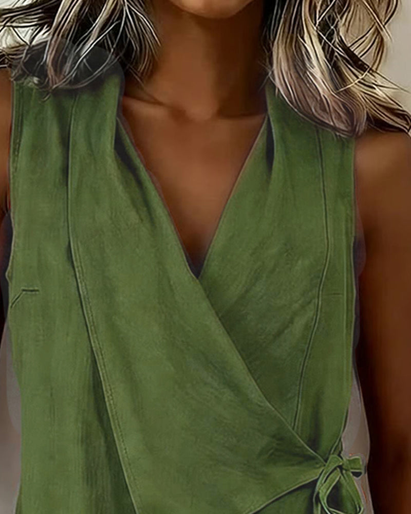 Débardeur Croisé Attache Coton-Lin Uni