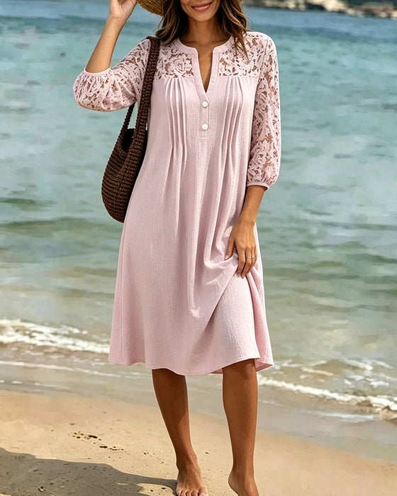 Robe Col En V Évidé Froncé Dentelle