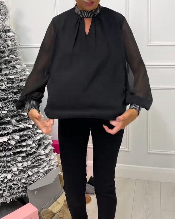 Chemisier à col montant ajouré en patchwork de couleur unie