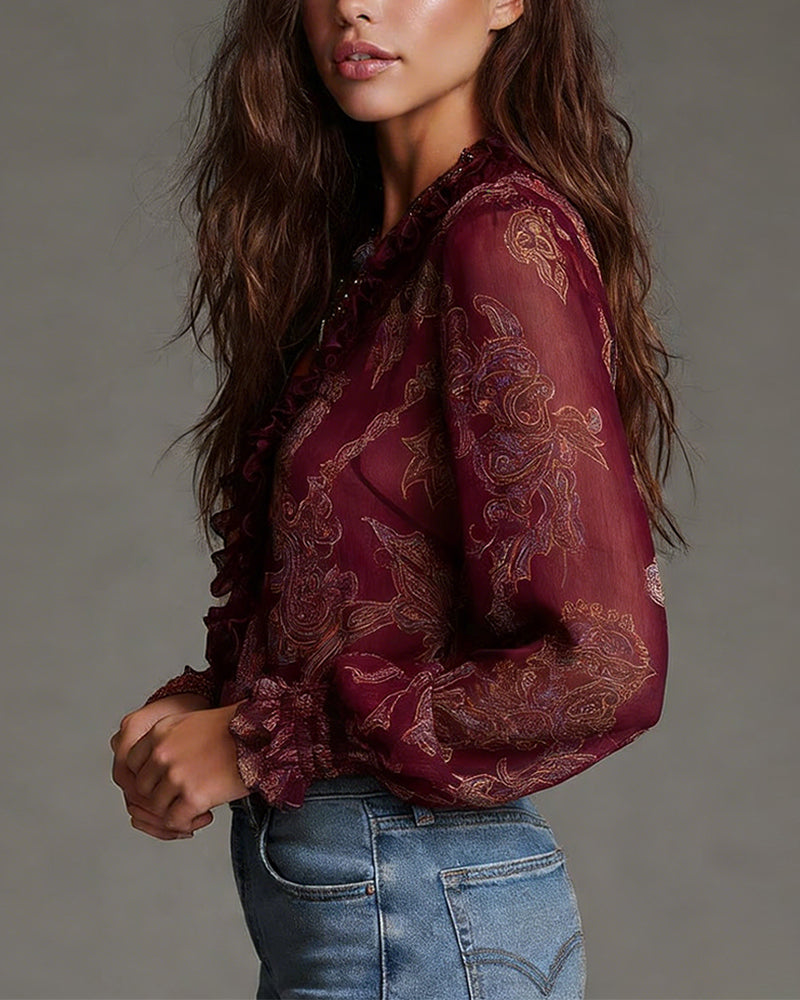 Blouse Demi-Zip Volant Rétro