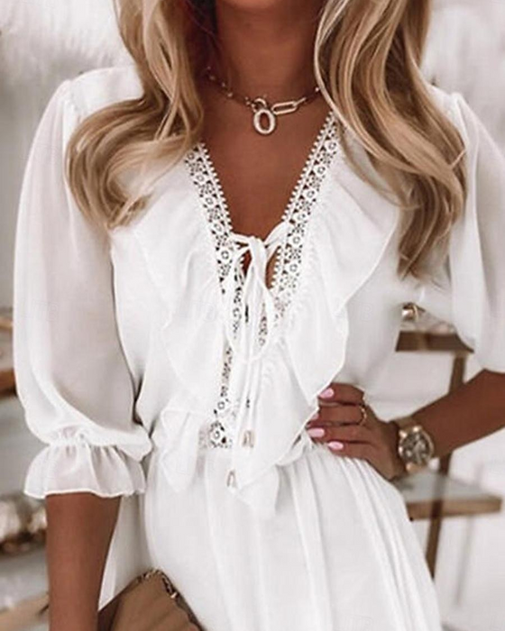 Robe Dentelle Col En V Volant Courte