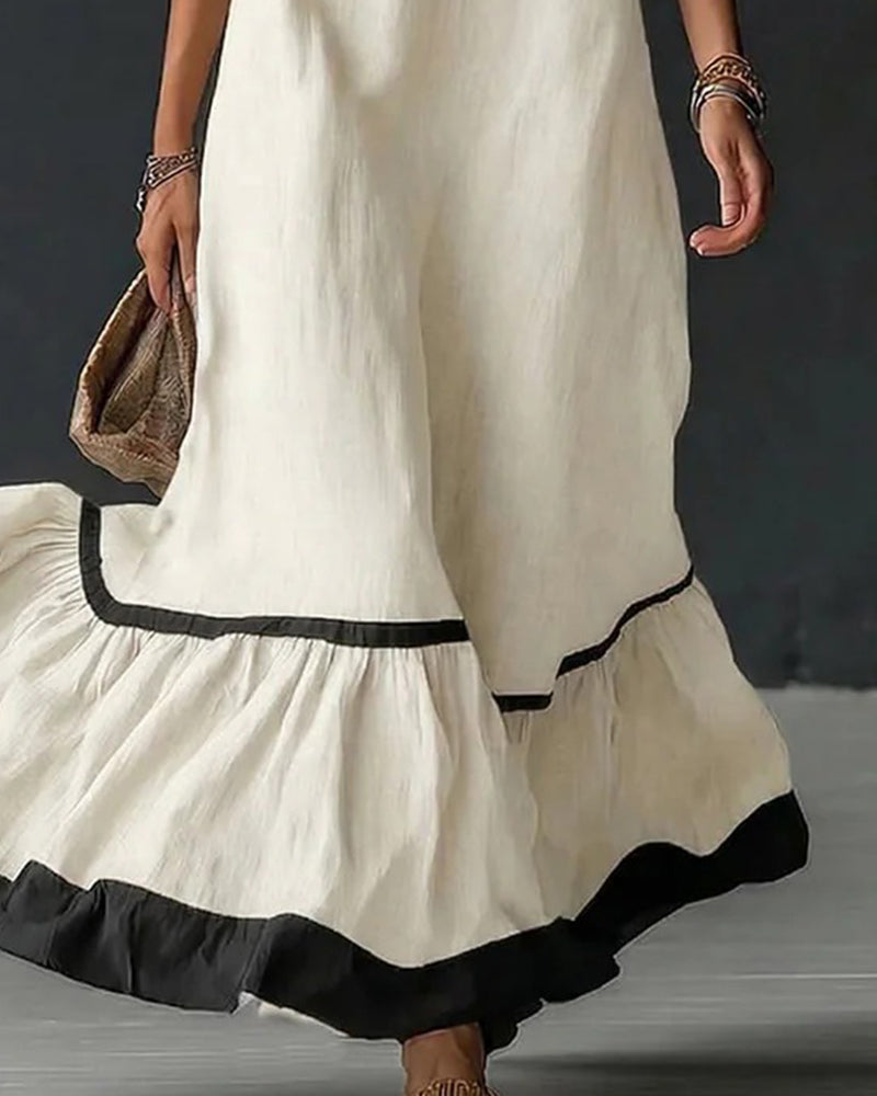 Robe Contraste Volanté Sans Manches Longue