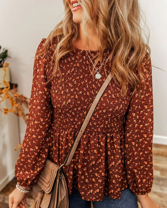 Blouse Florale Froncée Manche Longue