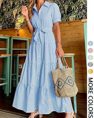 Robe Rayée Cintrée À Volants Chemise Maxi