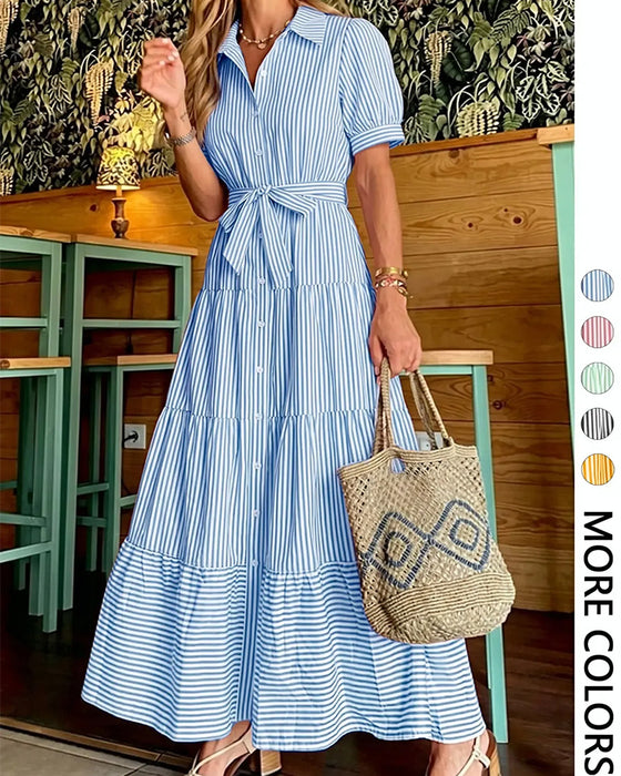 Robe Rayée Cintrée À Volants Chemise Maxi