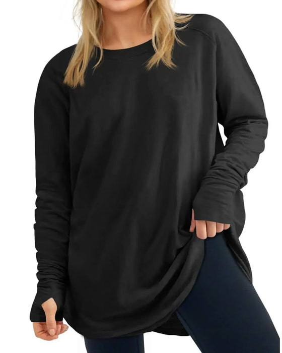 T-Shirt Col Rond Manches Longues Unie Coupe Oversized