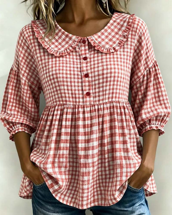 Blouse Col Peter Pan Carreau Cintré