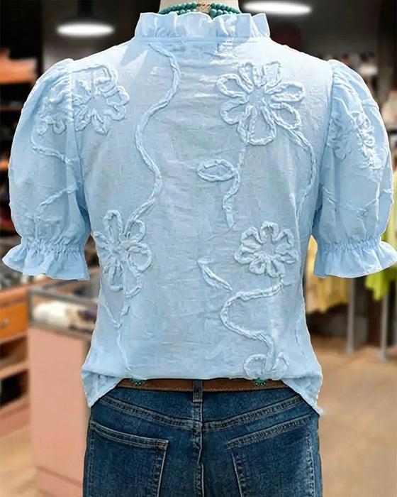 Blouse Col En V Bordure Volantée Manche Bouffante