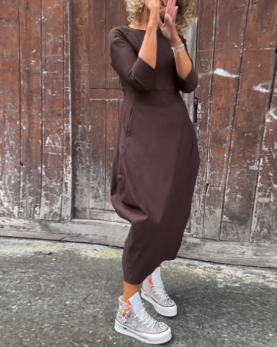 Robe élégante simple à manches longues avec poche de couleur unie